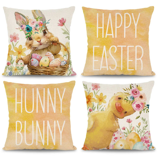 1pc/4pcs Easter Duckling Pillow Case Yellow Watercolor Bunny Duckling Floral Egg Sofa Cushion Cover Spring Flower Home Decor