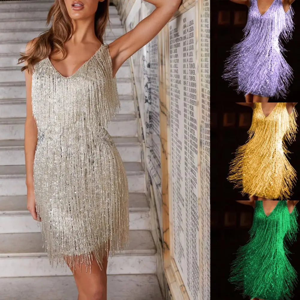 Deep V-Neck Sleeveless Backless Hip Wrap Summer Dress Sexy Women Fringed Sequin Stitching Mini Pencil Dress Wear Tassel Dress