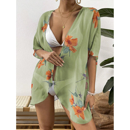 Women'S Summer Beach Kimono Cardigan Floral Print Chiffon Loose Top Bikini Cover Up Sexy Transparent Shawl Oversize Cardigan