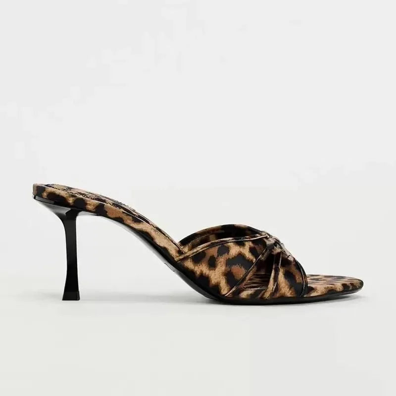 2024 Summer New One-strap Back Empty Female Drag Bow Decorated Leopard Print High Heels Printed High-heeled Sandals  Slippers