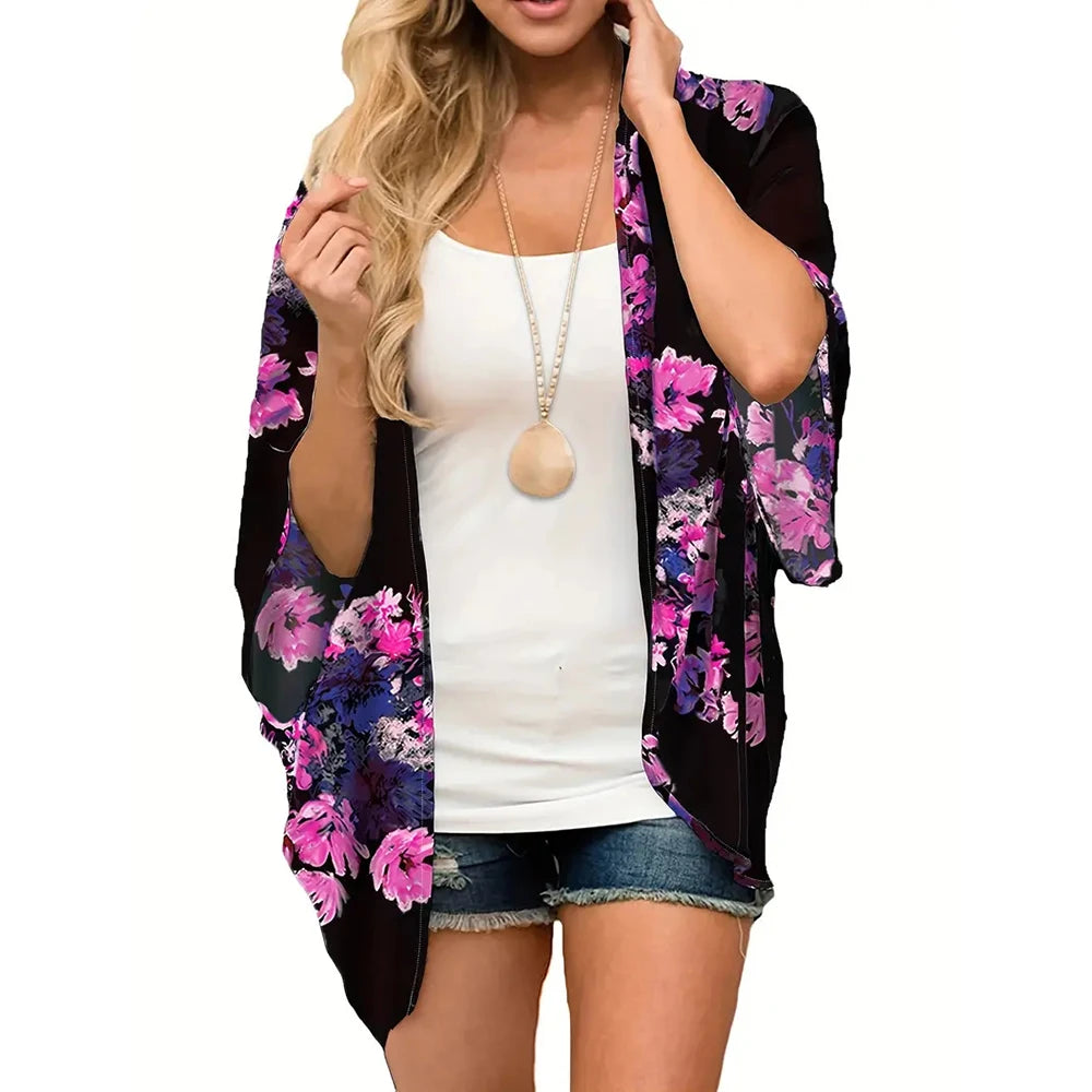 Women'S Summer Beach Kimono Cardigan Floral Print Chiffon Loose Top Bikini Cover Up Sexy Transparent Shawl Oversize Cardigan