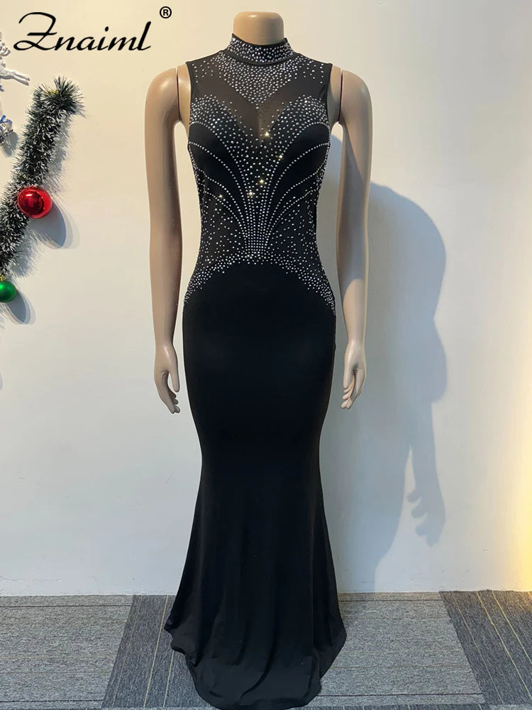 Znaiml Elegant Celebrities Evening Maxi Dress Women's Black Mesh Rhinestones Crystal Birthday Party Trumpet Mermaid Robe Luxury