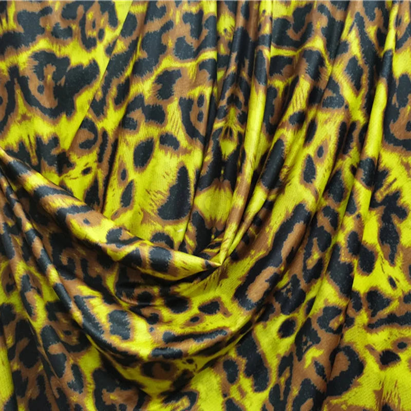 Fashion Milk Silk Cotton/Spandex knit Fabric Yellow/Brown Leopard Pattern Printed 4 Way Stretch  Cloth DIY Sewing Dress/Clothing