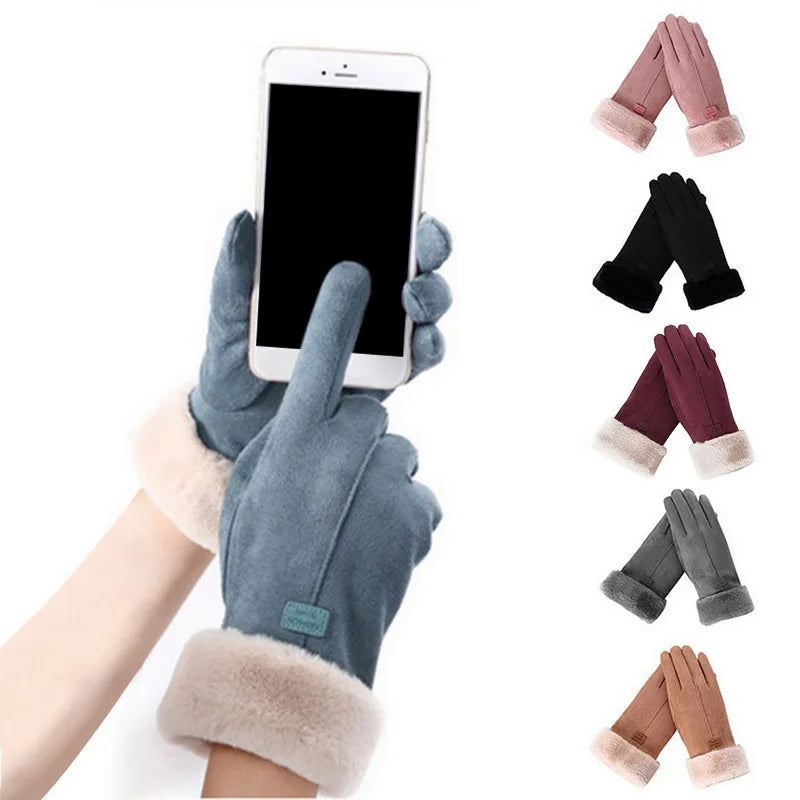 Winter Female Cashmere Warm Suede Leather Cycling Mittens Double Thick Velvet Plush Wrist Women Touch Screen Driving Gloves