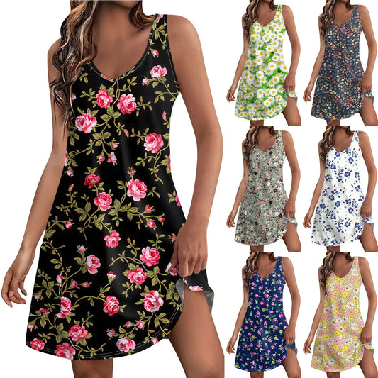Women's Casual Print Summer Bohemian Beach Dress With Pockets V Neck Tank Dress Summer Dresses for Women 2024 Women's Dress