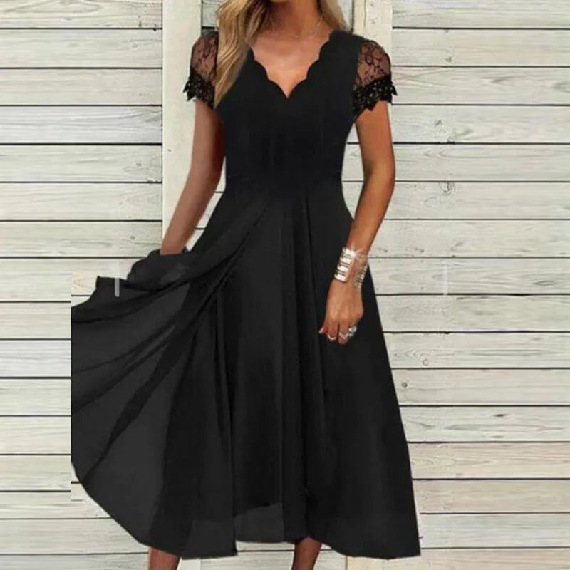 Elegant Party Dress Women Summer Lace Chiffon Irregular Midi Dress Black Short Sleeve Long Beach A-line Dresses 2023