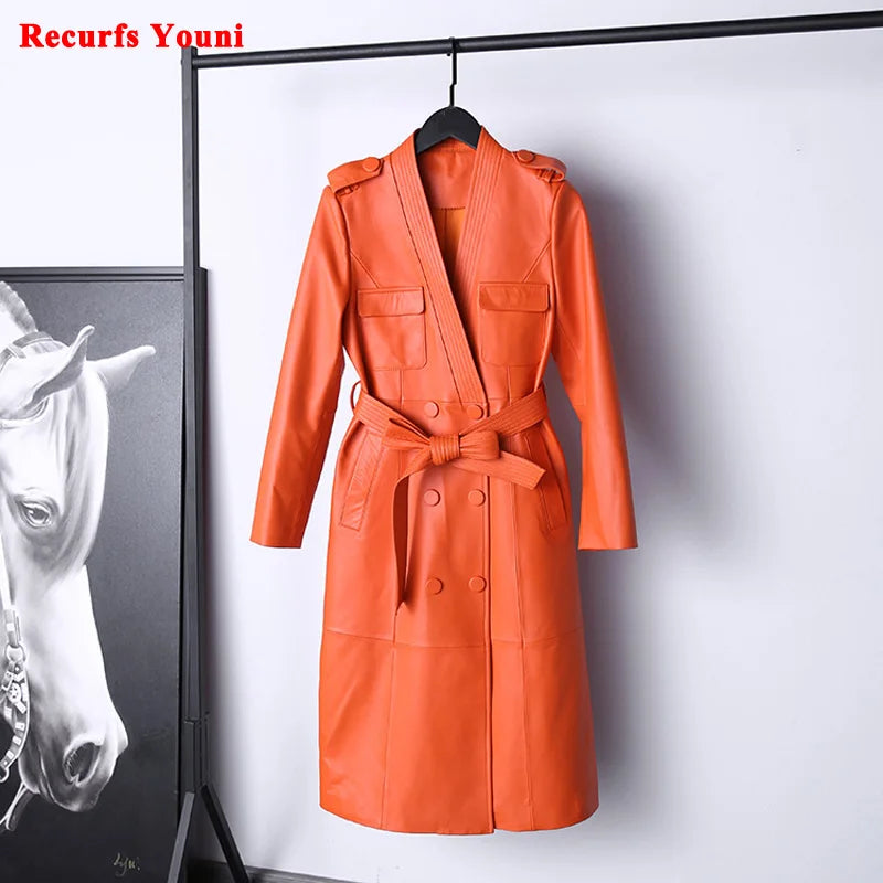 Leather Trench Coat for Women 2024 Orange V-neck Double Breasted Belt Lace Up Slim Warm Long Windbreaker Manteau Femme Hiver