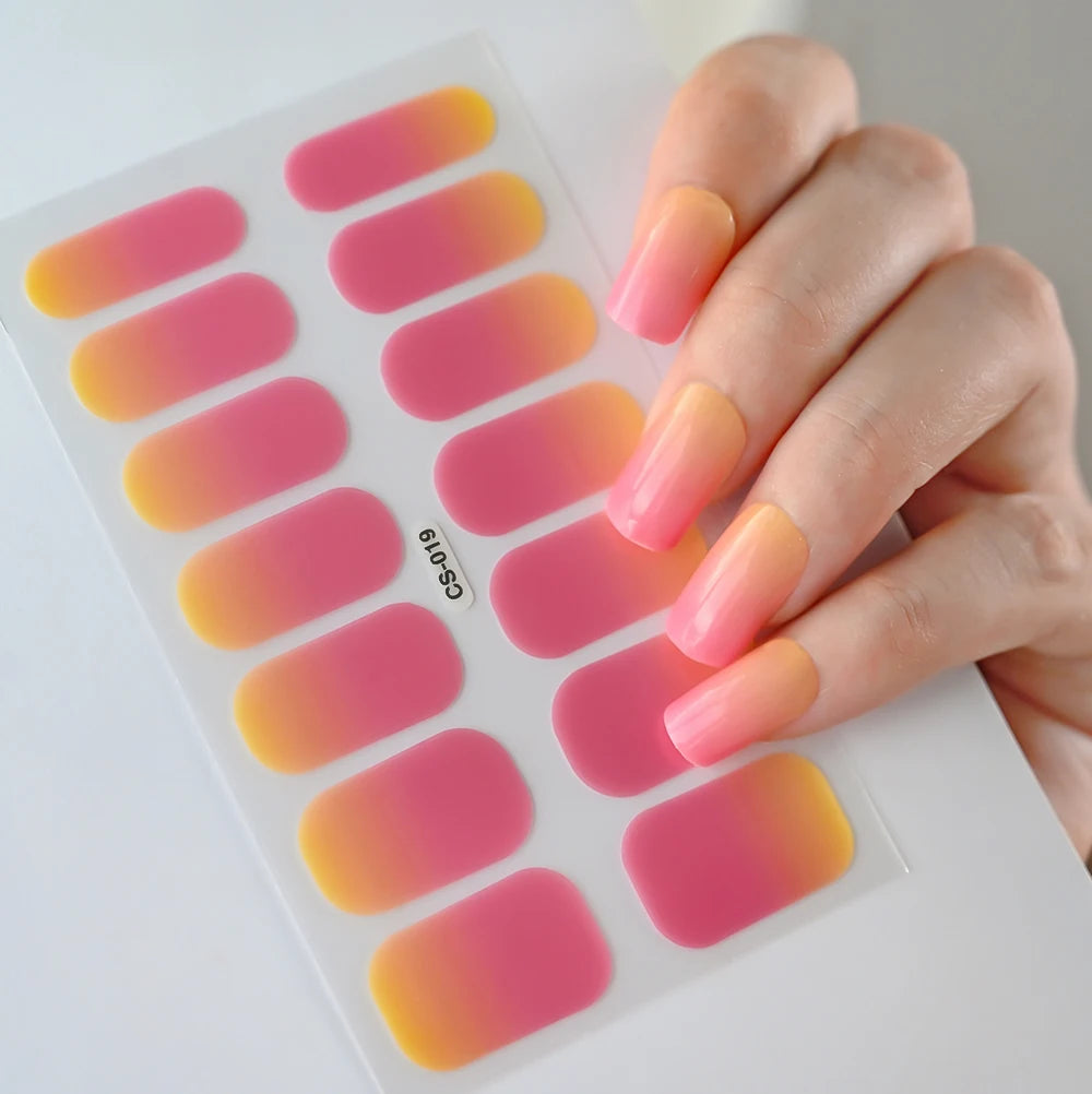 14Tips Nail Patch Baking-Free Gel Nail Sticker Long-Lasting Solid Color&Gradient Adhesive Nail Wraps DIY Nail Art Manicure Decor