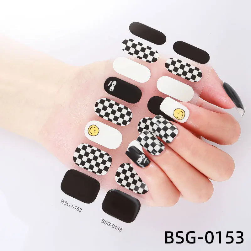 16 Strips Semi-cured Gel Nail Art Stickers 3D Hot Stamping Phototherapy Long Lasting Manicure Stickers Full Cover Nail Charms