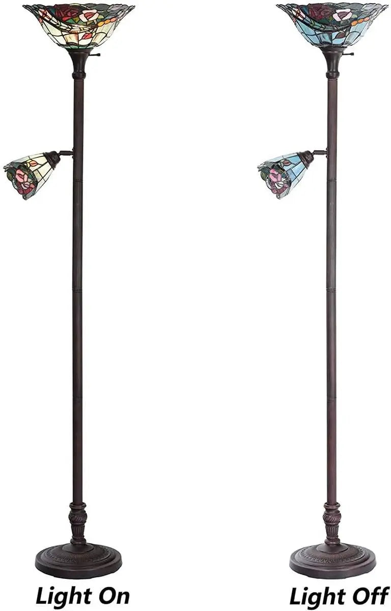 Bieye L10739 Rose Flower Style Stained Glass Torchiere Floor Lamp with Sidelights for Reading Home Decor, 70-inch Tall