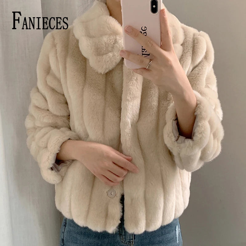 FANIECES Solid Fur Short Coat Winter Women Lapel Button-up Long Sleeve Faux Fur Shaggy Outwear Elegant Korean Overcoat Tops 코트