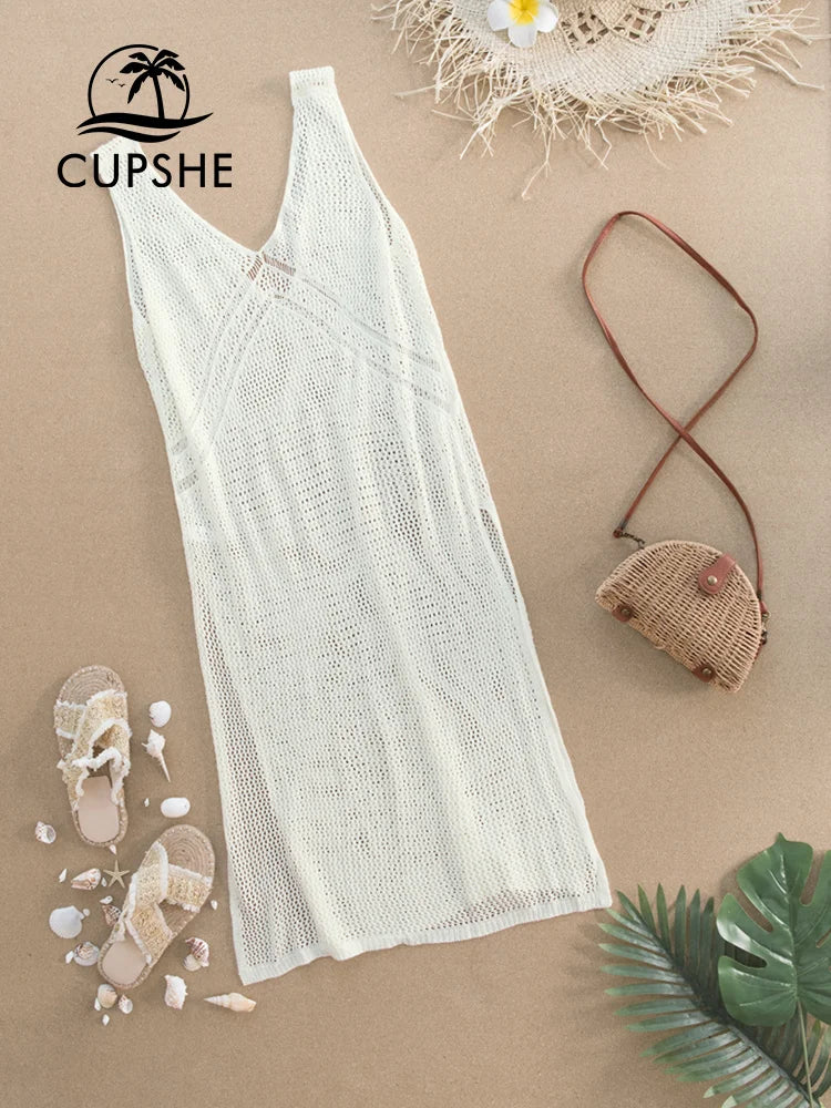 CUPSHE Ivory V-neck Hollow Out Cover Up Woman Swimsuit Sexy Side Split Sleeveless Beach Midi Dress 2023 Summer Dress Beachwear