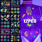 12/24pcs Luminous Temporary Tattoos Stickers UV Neon Fluorescent Glow in the Dark For Body Face Tattoo Stickers Party Accessorie