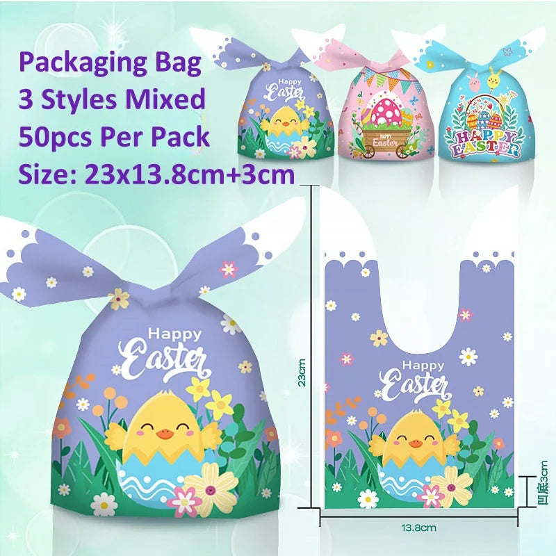 50pcs Cute Rabbit Ear Candy Bags Easter Party Gift Cookie Chocolate Packaging Bag 2025 Happy Easter Party Decoration Supplies