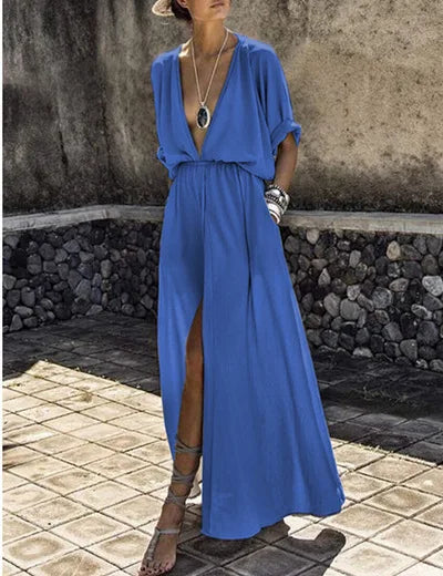 Women Summer Dress deep V neck sexy solid color half sleeve Split Women maxi long Dresses Vestidos JQMY20214