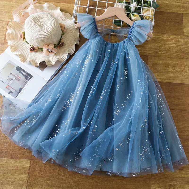 Girls Blue Sequin Summer Dress Kids Evening Party Mesh Princess Costume Toddler Girl Holiday Casual Clothes for 3 4 5 6 7 8 Year