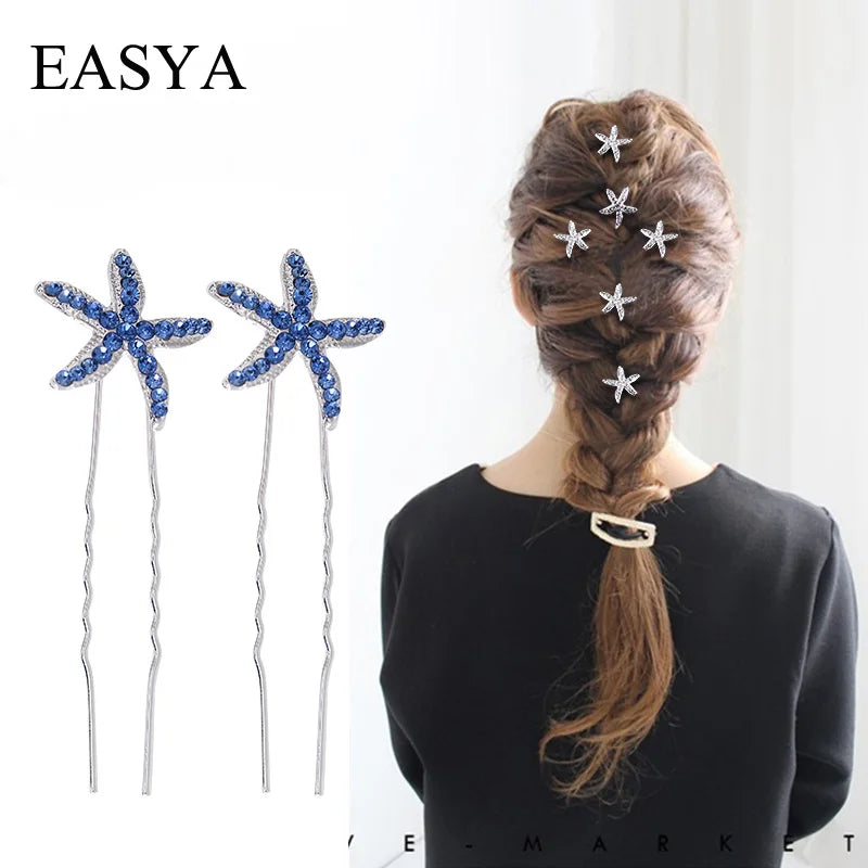 EASYA 6pcs/Set Crystal Starfish Hairpins Hair Ornaments New Fashion Wedding Bridal Bridesmaid Hair Clips Hairwear Accessories