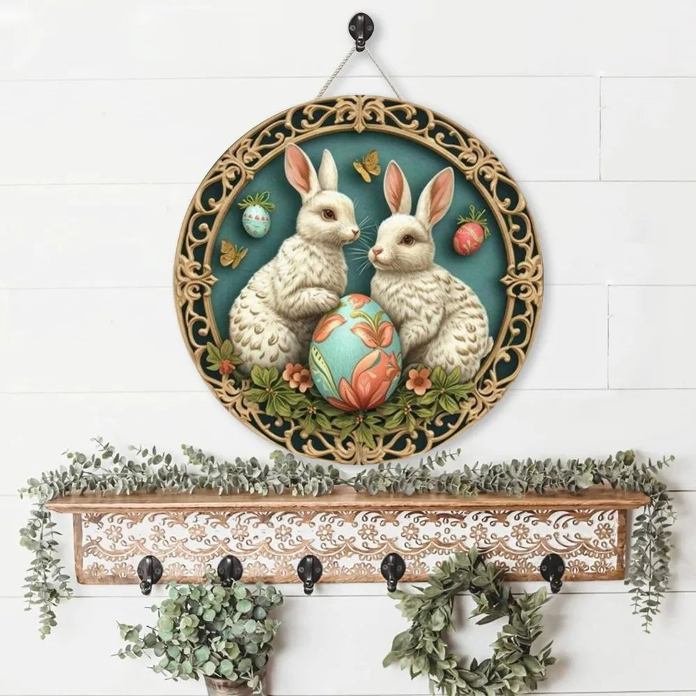 Round Wooden Sign Easter Bunny Art Logo Decoration, Suitable for Bar Home Living Room Room Courtyard Wall Decoration