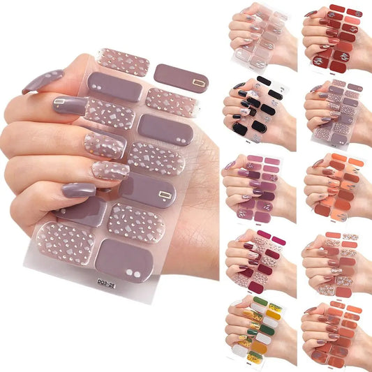 1Sheets INS Trendy Strips Gel Nail Stickers Glittering Hot Stamping Gel Full Nail Wraps 3D Nail Art Stickers DIY NAil Art Making