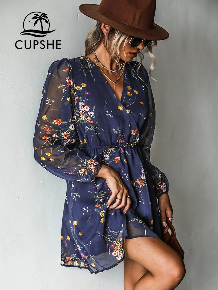 CUPSHE Chiffon V-neck Long Sleeve Mini Dress Woman Floral Holiday Beach Tunic Short Cover Up 2023 Summer Dress Beachwear