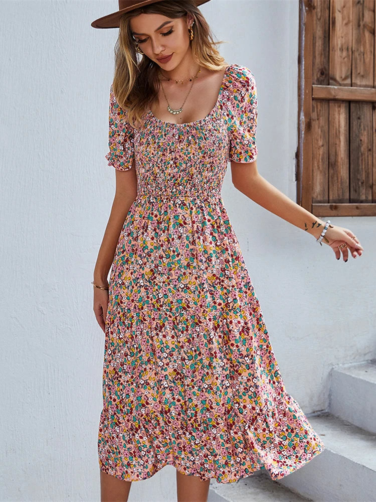 Ladies Sexy Vintage Floral Print Boho Summer Dress Women Casual Elastic Bohemian Beach Dress Women Sundress Robe Vestidos Female