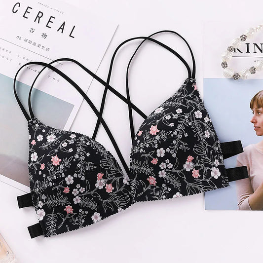 Women Flower Printed Bras Front Buckle Wireless Bralette Sexy Lingerie Comfort Push Up Floral Bras