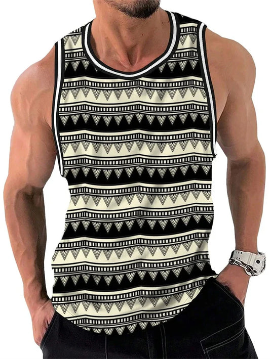Retro Geometric Graphic Tank Tops For Men Casual Summer Sleeveless 3D Printed Vest Loose Quick Dry Breathable Tees Pullovers