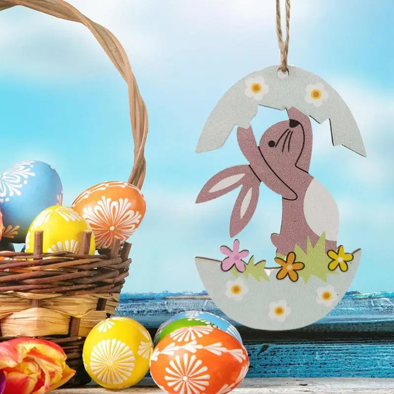 Wooden Easter Bunny Pendant Easter Egg Bunny Hanging Ornaments Lovely Rabbit Flat Hanger Colorful Easter Wall Art For Front