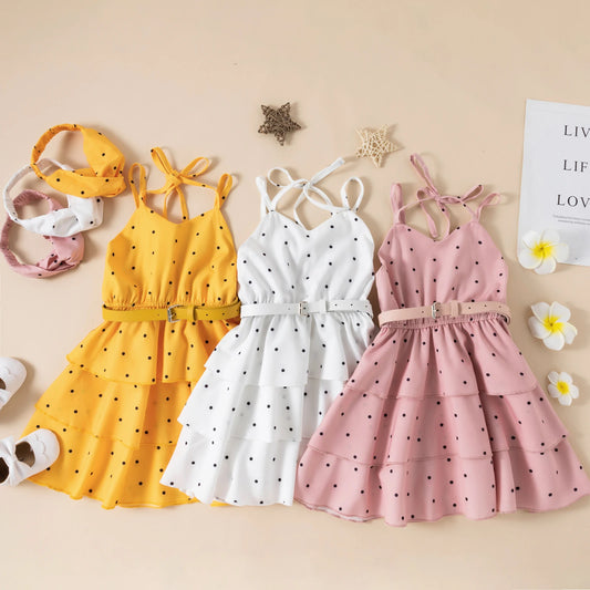 Elegant Little Girl Summer Dress, V Neck Sleeveless Elastic Waist Multi Layer Dot Dress with Wasitbelt Headband 1-6T