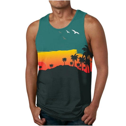 Palm Tree Graphic Tank Top For Men 3D Print Sleeveless Beach Hemp Palm Pattern Tops Paint Vest Hawaii Colorful Pigment T-shirt
