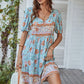 Floral Puff Sleeve Summer Dress Women Casual Loose Ruffle Boho Holiday Beach Sundress Green Vintage Elegant Lace-up Mini Dresses