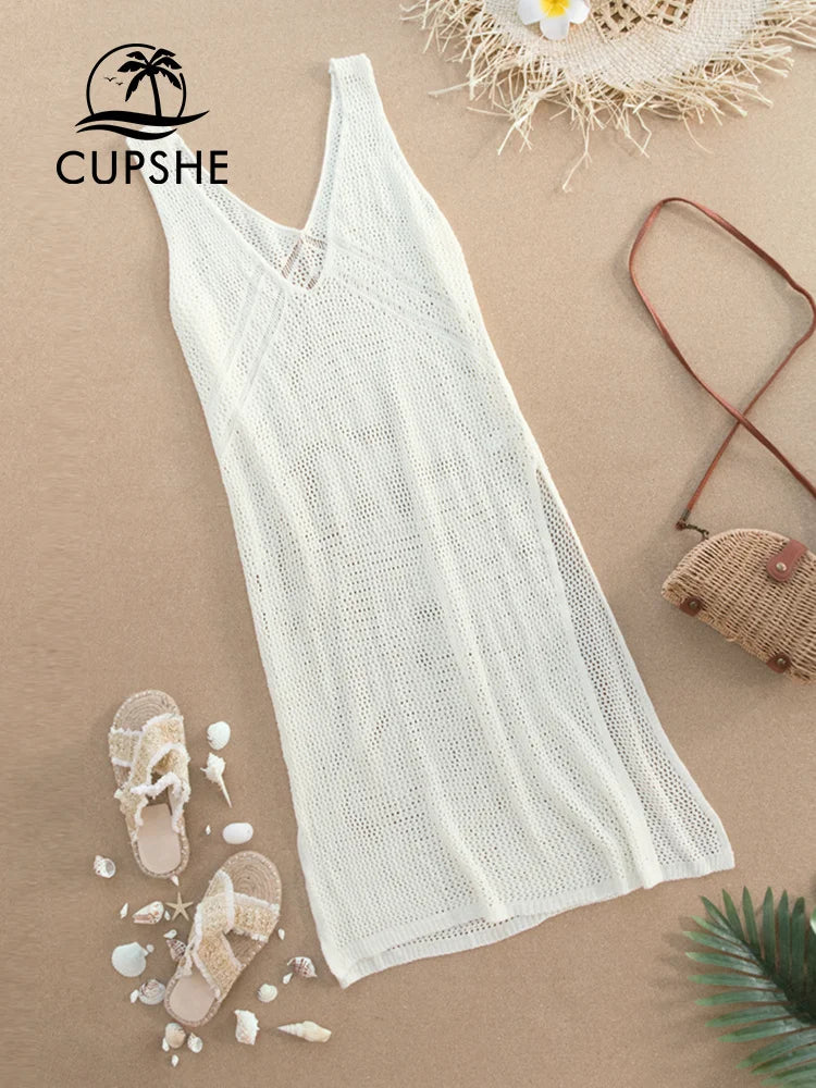 CUPSHE Ivory V-neck Hollow Out Cover Up Woman Swimsuit Sexy Side Split Sleeveless Beach Midi Dress 2023 Summer Dress Beachwear