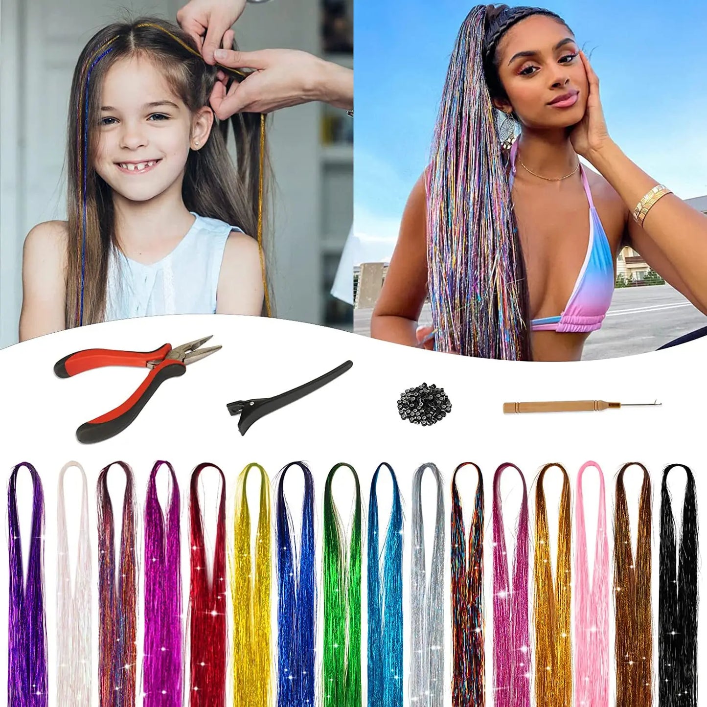 93cm Sparkle Shiny Hair Tinsel Glitter Strands In Braiders High Temperature Fiber Bling Hair Dazzles Extension Women Accessories