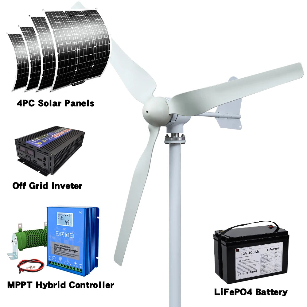 15kwh/day EU D-free Delivery Of 4000W 48V Horizontal Household 220V Wind Farm With Solar Cell System