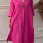 Women's New Cotton and Linen Solid Color Casual Round Neck Button Long Dress