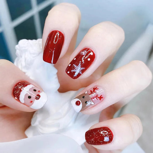 24pcs Medium Square Red Christmas Press On Nails Cartoon Santa Claus Deer Flase Nails Full Cover New Year Nail Decorations HTD53