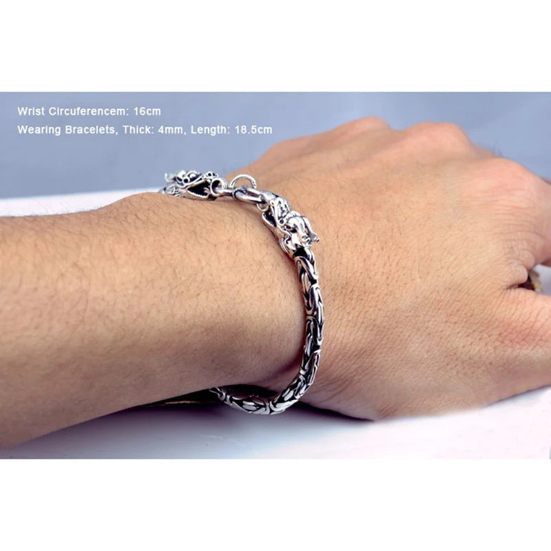 Authentic 925 Sterling Silver Mens Bracelets Viking Dragon Head Vintage Thai Punk Fine Jewelry For Man