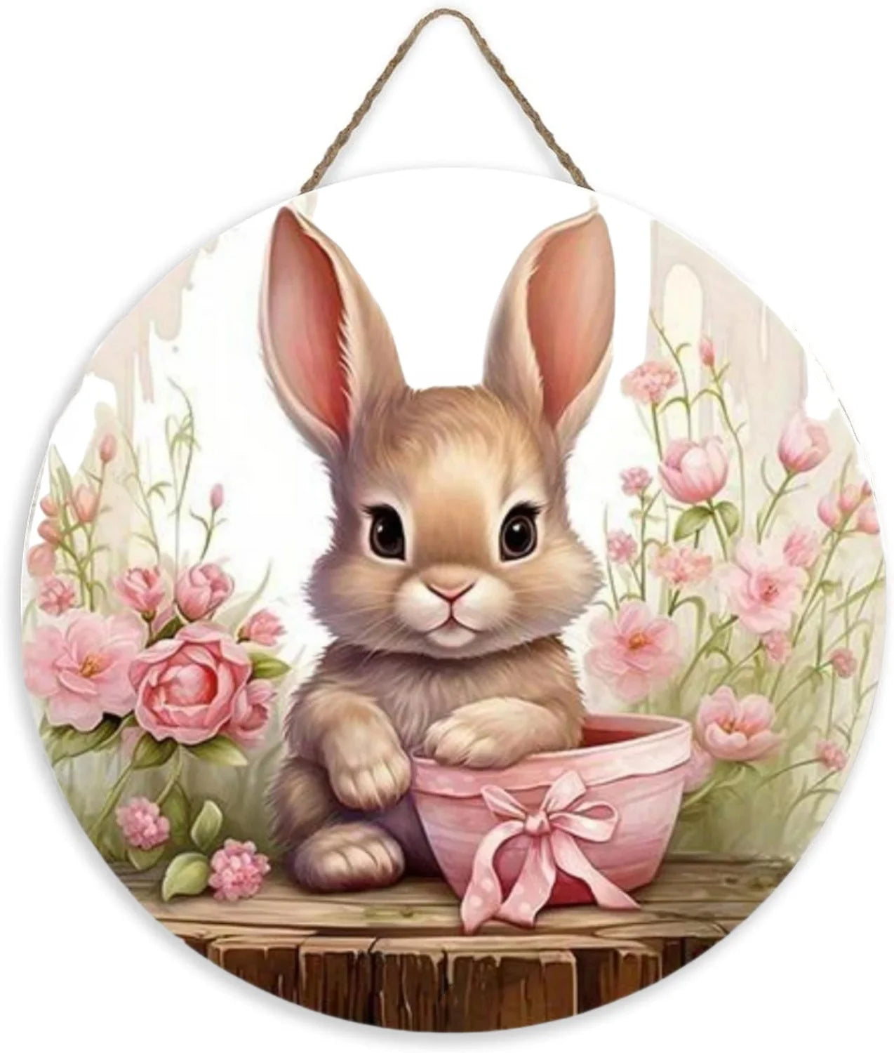 Round Wooden Sign Easter Bunny Art Logo Decoration, Suitable for Bar Home Living Room Room Courtyard Wall Decoration