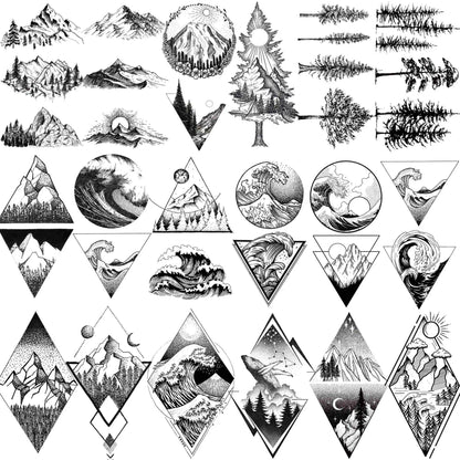 18 Sheets Geometry Mountain Temporary Tattoos For Men Women Adults Fake Waves Tattoo Sticker Black 3D Pine Tree Tatoos Triangle