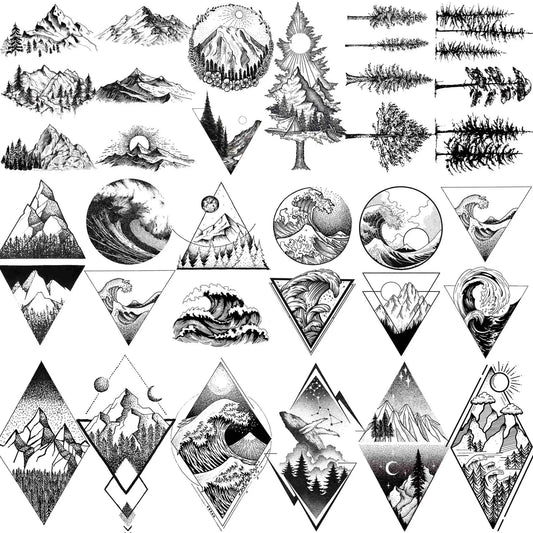18 Sheets Geometry Mountain Temporary Tattoos For Men Women Adults Fake Waves Tattoo Sticker Black 3D Pine Tree Tatoos Triangle