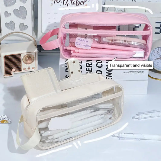 Pencil Case Double Layer Inner Transparent Zipper Closure Waterproof Item Storage PVC Bag Stationery Container Office Supplies