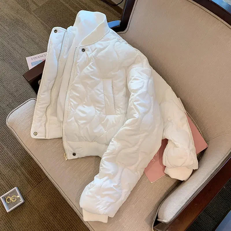 White Women Light Parkas Designed Winter Korean Slim Puffer Coat Casual O Neck Thick Cotton Padded Female Short Jacket