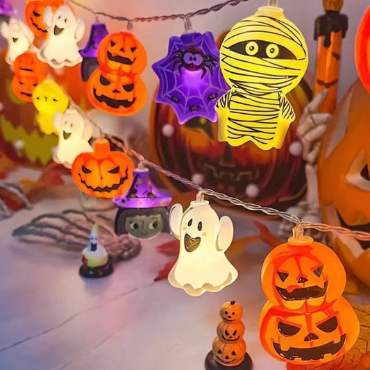 1Pc Halloween String Lights, Battery Powered, 10/20 LED Ghost Pumpkin Bat Waterproof Fairy Atmosphere Lamp For Halloween Decor