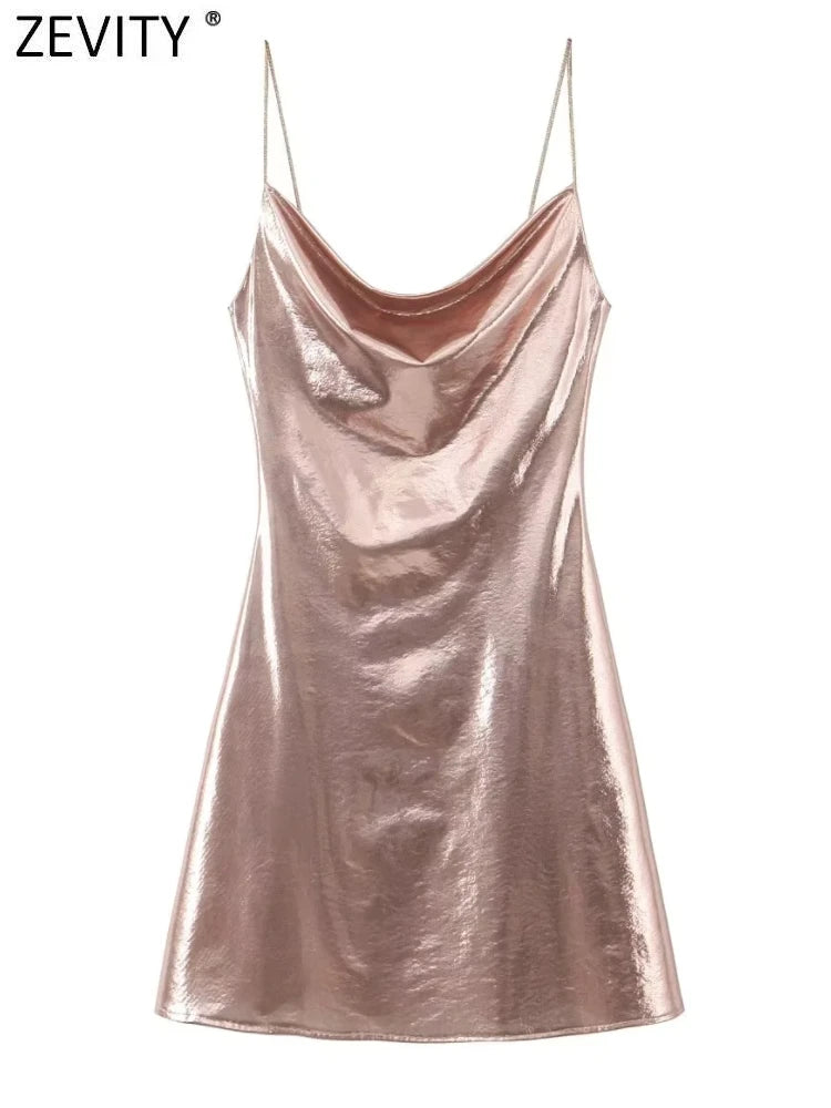 Zevity 2023 Summer Women Shinning Metallic Color Sling Mini Dress Female Chic Pleat Design Casual Slim Party Vestidos DS5000