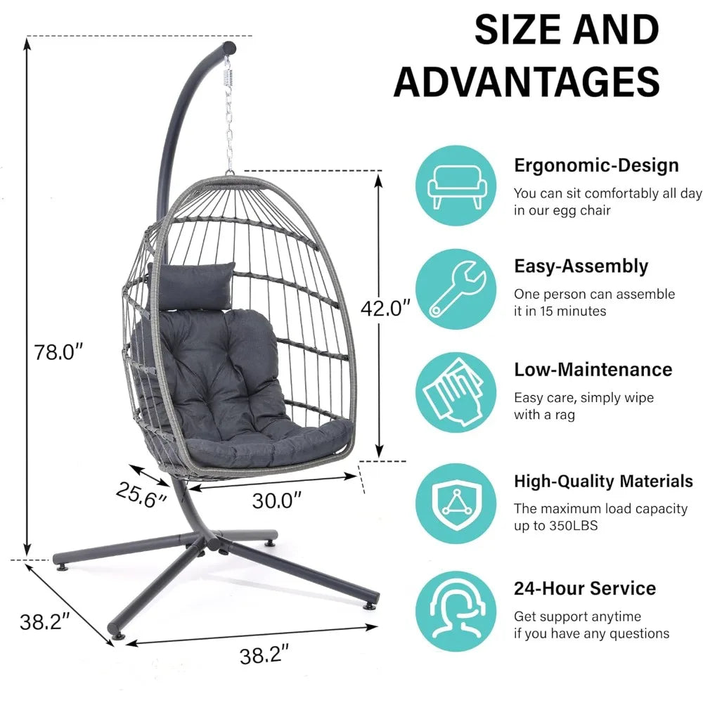 Egg Swing Chair with Stand, Outdoor Indoor Hanging Egg Chairs with Stand, Wicker Patio Egg Swing Chair with Cushion and Headrest