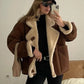 Vintage Faux Leather Warm Coat Thick Fluffy Splicing Big Lapel Coats Female Long Sleeve Outerwear Winter Lady Street Jackets