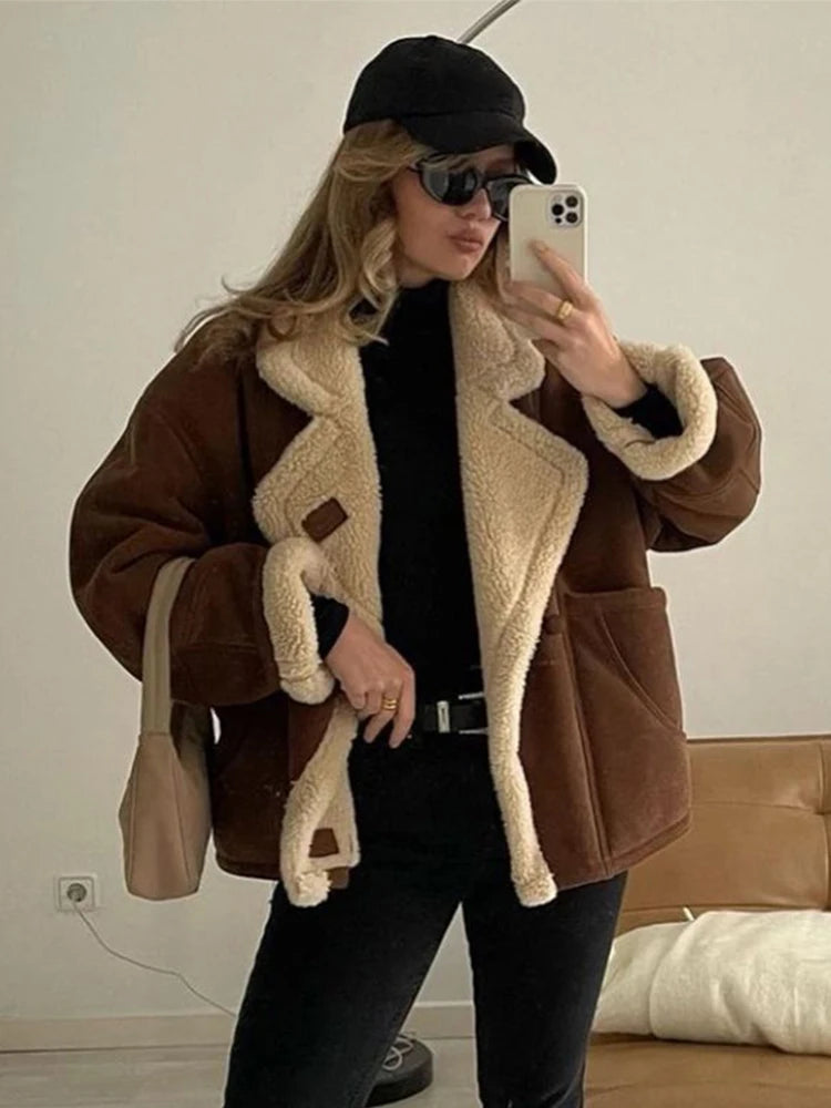 Vintage Faux Leather Warm Coat Thick Fluffy Splicing Big Lapel Coats Female Long Sleeve Outerwear Winter Lady Street Jackets