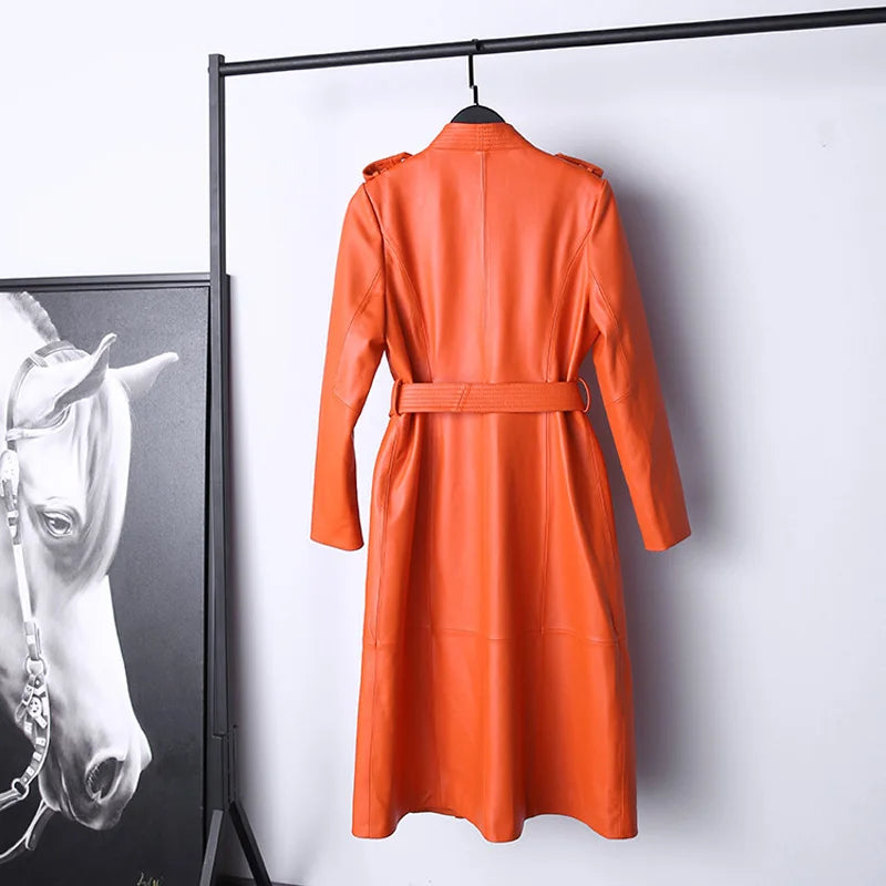 Leather Trench Coat for Women 2024 Orange V-neck Double Breasted Belt Lace Up Slim Warm Long Windbreaker Manteau Femme Hiver