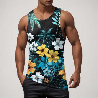 Men Vest Casual Comfortable Soft Breathable Fashion Printed Beach Tank Top Compression Hawaiian Vacation Pullover Plus Size
