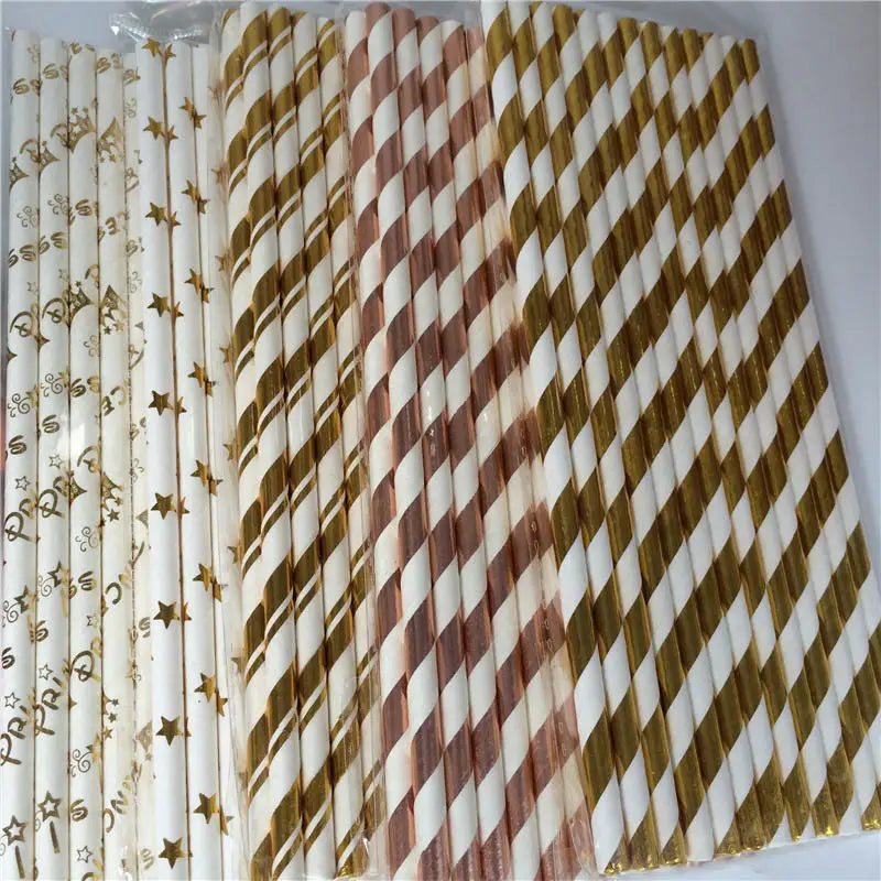 25pcs Metallic Gold Foil Heart Star Stripe Paper Straws Silver Foiled Chevron Bronzing  Drinking Straw Wedding Party Decoration